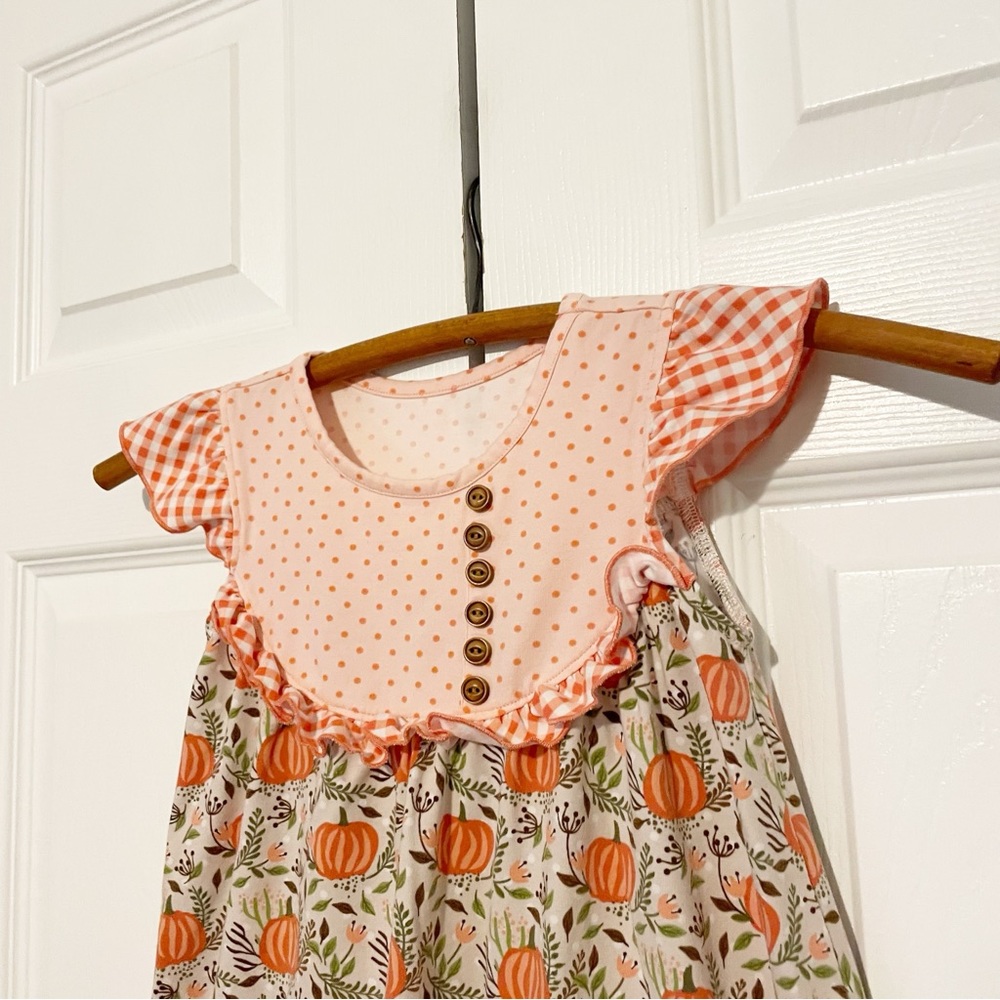 Shrimp & Grits Serendipity Pumpkin Fall Print Dress Ruffle Hem Girl’s Size M 5/6 - Picture 3 of 9